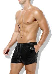 Pantalones cortos metálicos holográficos brillantes y brillantes para hombre, pantalones cortos con bolsillos y cordones para atuendo de rave - A3-negro-ck3118 - Ver 3
