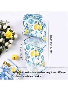 2 卷柠檬色有线边缘 2.5 英寸蓝色瓷砖柠檬织物工艺丝带适用于春夏季派对生日礼物包装花环蝴蝶结 DIY 工艺品