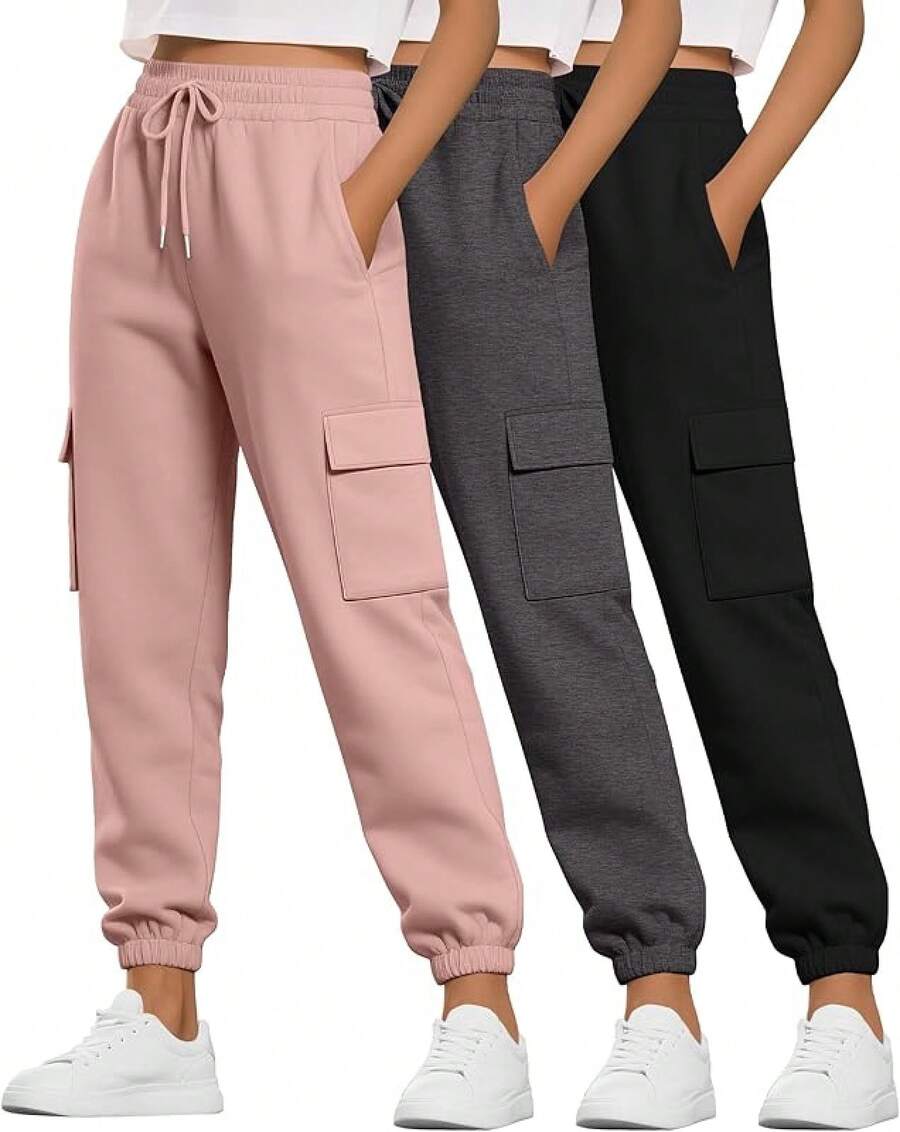 3 Pack Women's Cargo Sweatpants Joggers Pants Causal Gym Athletic Workout High Waist Bottom Y2k Fall Outfits With Pocket - 黑色,深灰色,粉紅色 - 查看 1