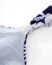 High Waisted Ruffle Tankini Swimsuit Plus Size Tummy Control - Navy Blue Leaf - View 6