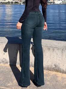 Fashionable & Elegant Women's Slim Fit Double-Breasted Design Flare Leg Jeans, Slimming - Dark Wash - View 6