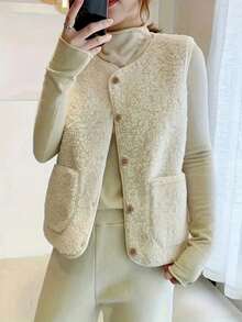 秋冬仿羊毛女士背心，复古皮革拼布无袖夹克蓬松羊羔绒休闲马甲