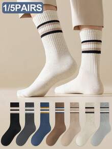 1/5 Pairs Men's Color Block Striped Thermal Lined Comfortable Soft Simple Casual Business Sports Mid,Calf Socks, Cozy Socks - Multicolor - View 1