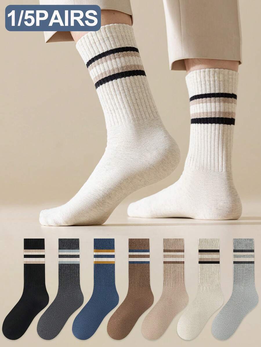 1/5 Pairs Men's Color Block Striped Thermal Lined Comfortable Soft Simple Casual Business Sports Mid,Calf Socks, Cozy Socks - Multicolor - View 1