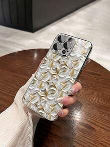 1pc Fashionable Floral Pattern Tempered Glass Material With Lens Film Electroplated Anti-Fall Scratch-Resistant Anti-Fingerprint TPU Full Edge Soft Phone Case Compatible With Apple Models - Multicolor - View 3
