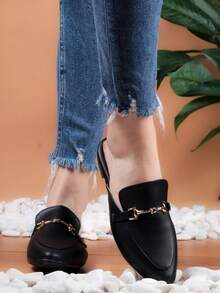 Zapatos para Mujer Fashion con Cadena Metálica Punta Cerrada Estilo Casual Oficina Mules - Negro - Ver 2