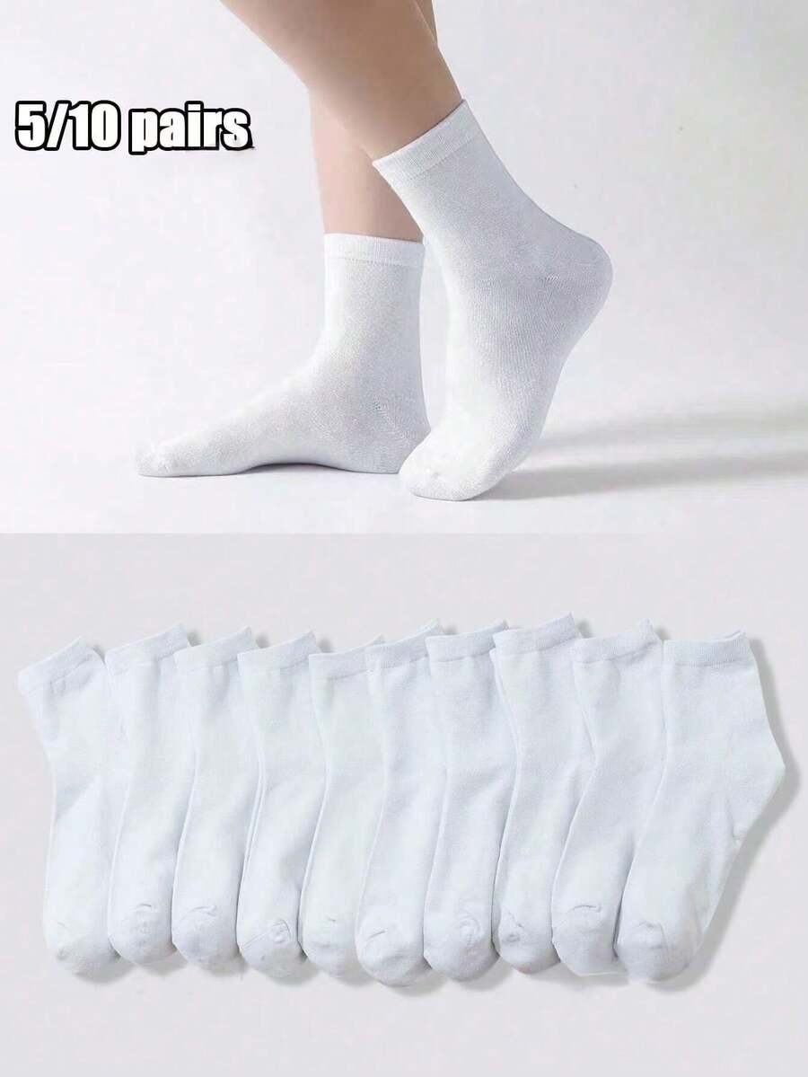 5 双女士纯色休闲运动袜,薄款中筒款式,适合日常、户外、运动和产后舒适穿着,四季皆宜 - 白色 - 查看 1
