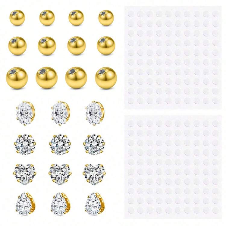 26 件假穿孔套装、非穿孔耳环耳钉、假肚脐环、假鼻环、24 件 CZ 耳钉和 2 张贴纸，适合女性和男性日常佩戴无穿孔珠宝 - 彩色 - 查看 10