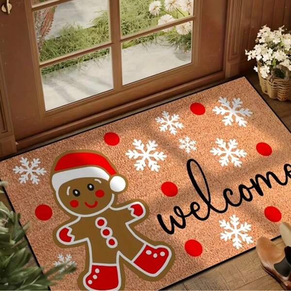 Christmas Gingerbread Man & Snowflake Doormat - Holiday Cartoon Design, Non-Slip, Washable, Stain-Resistant, Quick Drying, Suitable For Indoor/Outdoor Use - Great For Kitchen, Dining Room, Hallway, Bathroom, Bedroom Bathroom Kitchen Decor Kitchen Rug