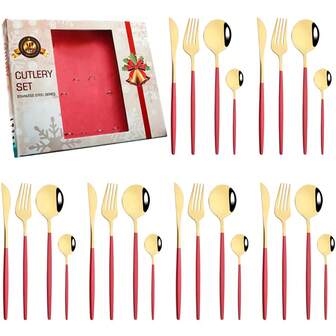Jokipvy 24 件套红色和金色不锈钢餐具套装，镜面抛光餐具套装，圣诞餐具套装，包括刀、叉、勺、咖啡勺，适用于派对、婚礼、节日、餐厅、酒店、圣诞礼物