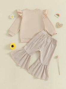 Sister Matching Outfits Long Sleeve Sweatshirt + Plaid Flare Pants Set Toddler Clothes - White - View 2