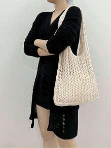 Leisure Large Capacity Woven Bag Hollow Design Knitted Shoulder Bag Holiday Beach Shopper Tote For Women Travel Women Crochet Tote Bag Hollow Beach Bag Large Capacity Fashion Knitted Bag Solid Color Simple Shopping Bag For Travel Vacation