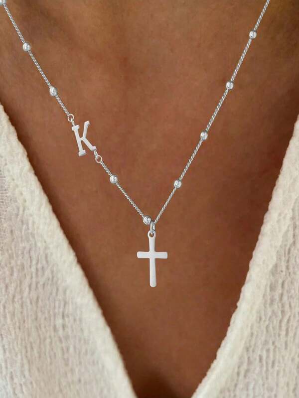 1 Piece Of Classic And Fashionable Stainless Steel Double-Ear A-Z, 26 English Letters, Cross Pendant Beaded Necklace, Ladies' Daily Casual Wear Necklace Accessory, Festival Party Gift!