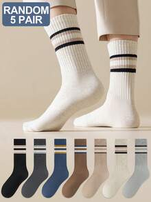 1/5 Pairs Men's Color Block Striped Thermal Lined Comfortable Soft Simple Casual Business Sports Mid,Calf Socks, Cozy Socks - Multicolor - View 13