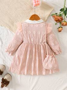 Baby Mädchen süßes langärmliges Hemdkragen Patchwork Kleid mit Zubehörtasche, geeignet für Strandurlaub, Herbst