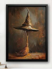 1pc, Canvas Wall Art, Framed Art Decor, Hangable, Wall Art, Poster, Witch's Hat, Horror Season Wall Art Decor, Halloween Poster, Witch's Hat And Broom, Gifts For Witch Lovers, Autumn Decor, Halloween Decor, Halloween Decor Aesthetics, Room Decor, Dorm Room Decor, Bedroom Decor Home Decor Fall Decor