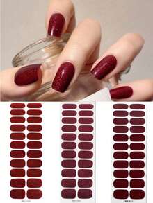 22/44/66/88片装免烤灯软胶美甲贴纸，简约纯色美甲按压式贴纸，哥特风闪粉全覆盖美甲贴纸，多种尺寸可选，黑色、白色、红色、圣诞节、万圣节、深绿色、粉色、黄色、香槟金等多种颜色。 - 彩色 - 查看 34