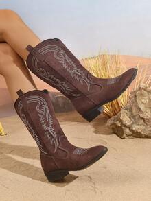 1双女士优雅时尚刺绣西部靴，高跟刺绣西部靴，时尚刺绣牛仔靴，秋冬季中筒平底靴，猫跟靴，派对靴 - 中紫紅色 - 查看 3