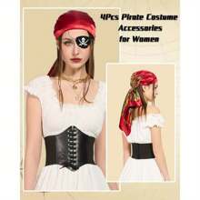 4-Piece Pirate Costume Accessories: Headscarf, Belt, Necklace, Hat, Eye Mask, Essential For Women's Pirate Costume Party Masquerade, Party Costume Cos Suit, Halloween Costume Prop Combination
