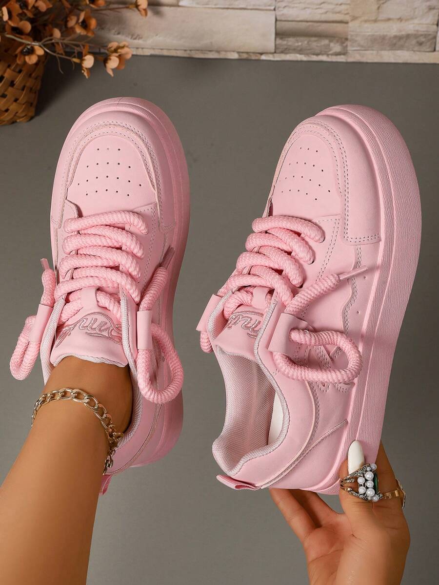 1 Pair Teenage Girls' Pink Platform Sneakers, Fashion Chain Ankle Decor, Breathable Anti-Slip Durable Design, Comfortable Casual Versatile Style, Suitable For Daily Wear And Campus Activities - Pink - View 1