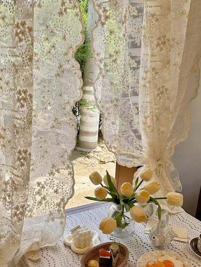 1pc French Wavy Lace Embroidery Cream Voile Curtain, Wavy Edge, No Drilling Required, Room Divider, Small Window Curtain