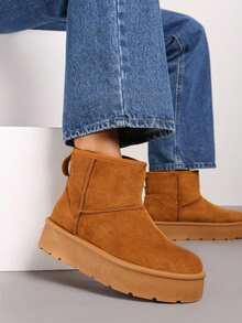 Thick Sole Platform Slip-On Snow Boots, Warm & Casual, Autumn/Winter - Camel - View 1