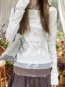 Women T-Shirt Long Sleeve Boat Neck Music Note Print Patchwork Slim Fit Ladies Tops Streetwear