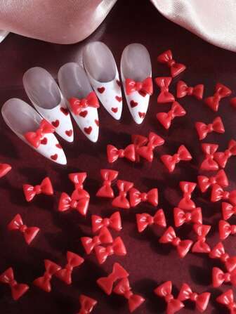 50个大号红色蝴蝶结美甲饰品树脂3D情人节美甲贴纸可钻孔美甲饰品