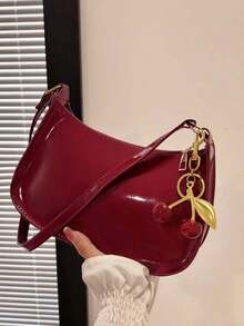 Túi hình lưỡi liềm thời trang tối giản, Túi đeo vai khóa kéo tối giản màu trơn, Ví da PU màu trơn, Túi màu đỏ tía & Thích hợp cho mua sắm, công tác, đi làm, ngoài trời, du lịch, sử dụng hàng ngày - Đỏ - Xem 4