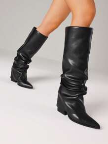 Knee High Fold Over Boots For Women Ruched Pointed Toe Slouchy Boot High Heeled Shoes Halloween Costumes For Halloween - Black - View 2