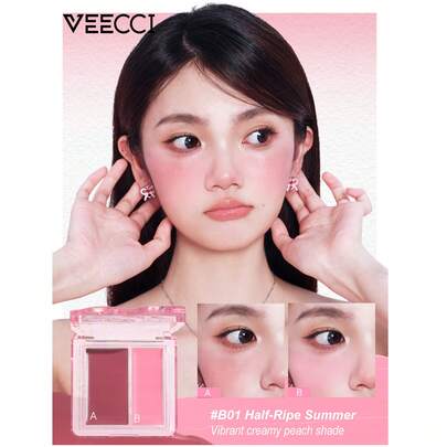 VEECCI Phấn má hồng dạng kem hai màu, kết cấu kép, làm sáng, căng mọng và nảy, dễ tán, lâu trôi, phấn má hồng dạng sáp, thích hợp cho người mới bắt đầu