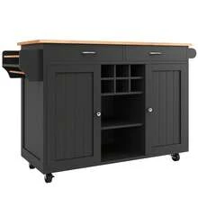 Modern Kitchen Island With Dining Table (102x45x92 Cm) – Multifunctional Kitchen Cabinet & Sideboard With Wood Grain – Black, Large Storage Space - Black - View 7