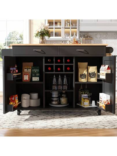 Sairedel Moderne Kitchen Isl Dining Tafel (102x45x92 Cm) Multifunctional Cabinet Sideboard Wood Grain Black, Large Storage Space view 3