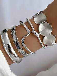 5 件复古夸张奢华几何设计宽金属银手镯套装，适合日常佩戴和送礼 - 銀色 - 查看 3