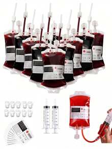 1/5/10个饮料血袋，10个可重复使用的饮料袋（透明袋+扣环+贴纸+漏斗）适用于万圣节派对装饰、主题派对、化妆派对、吸血鬼、僵尸、护士、毕业派对道具、秋季和圣诞节的血液循环