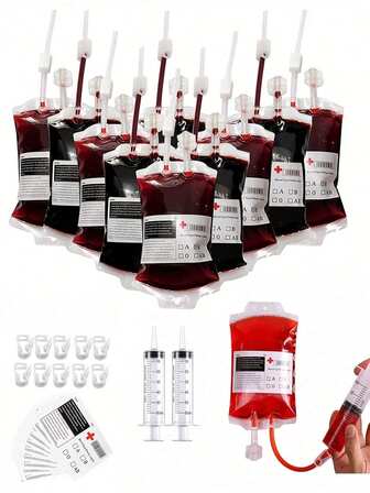 1/5/10个饮料血袋，10个可重复使用的饮料袋（透明袋+扣环+贴纸+漏斗）适用于万圣节派对装饰、主题派对、化妆派对、吸血鬼、僵尸、护士、毕业派对道具、秋季和圣诞节的血液循环