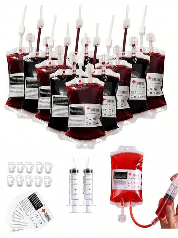 1/5/10个饮料血袋，10个可重复使用的饮料袋（透明袋+扣环+贴纸+漏斗）适用于万圣节派对装饰、主题派对、化妆派对、吸血鬼、僵尸、护士、毕业派对道具、秋季和圣诞节的血液循环