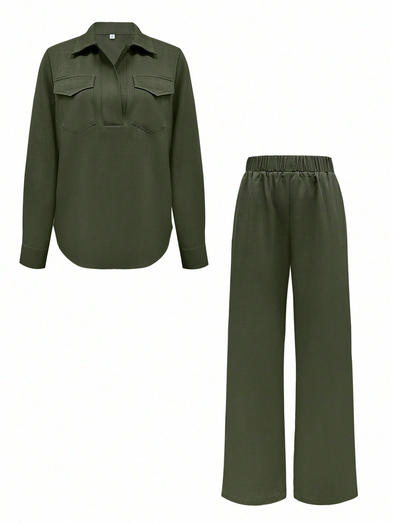 مجموعة قطعتين كاجوال للنساء بلون أحادي مع جيب وأزر...