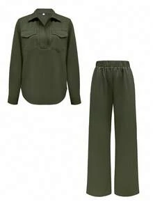 女士纯色休闲口袋前扣两件套，日常穿着，春秋季 - 軍綠色 - 查看 2