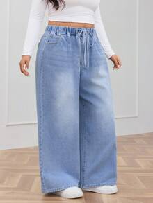Plus Size High Waisted Drawstring Straight Leg Jeans Casual Outfit For Women Boyfriend Jeans Daily Long Pants