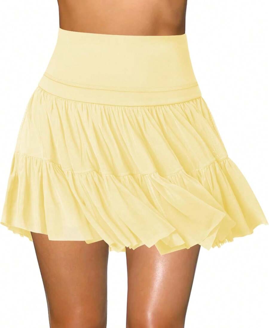 Women's Mini Skirt Skort Flowy Pleated High Waisted Ruffle Tennis Skirts For Women Athletic Skater Golf With Shorts Pockets - 黃色 - 查看 1