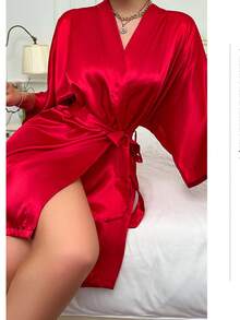 1pc Women's Solid Color Elegant Tie Waist Autumn/Winter Robe, Sexy Short Satin Silk Soft Sleepwear, Suitable For Brides, Bridesmaids, Home Wear, Wedding Season Short Dress Robe, Monogram Print, Kimono And Nightgown
