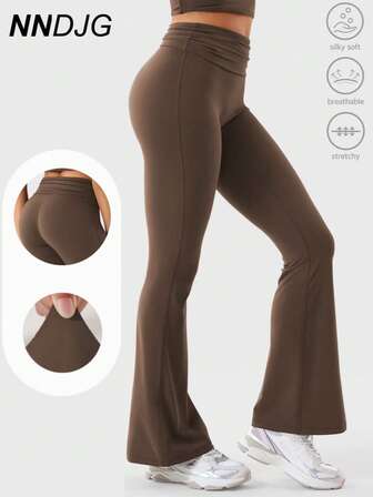 1件装 女士休闲运动褶皱纯色弹力紧身健身喇叭裤