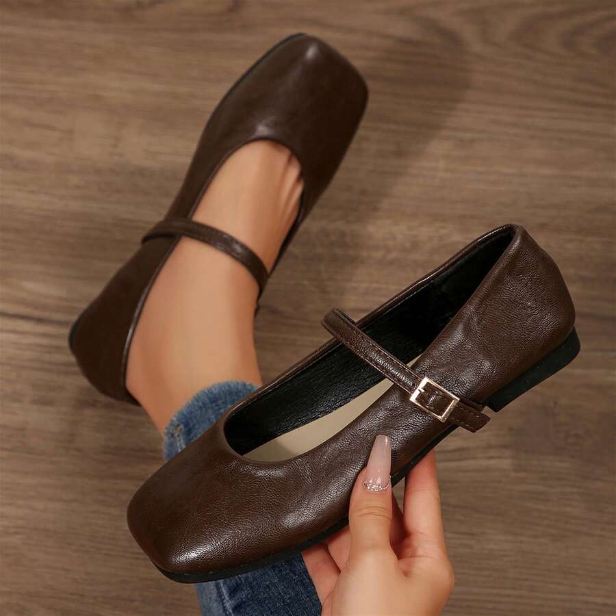 Flats For Women Elegant Square Toe Slip On Flats Soft One Line Strap Flats Retro Flat Shoes - màu nâu - Xem 1