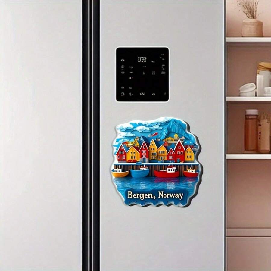 2D Flat Printing, 1pc Bergen, Norway Fridge Magnet - Acrylic & Rubber Soft Magnet, With Vibrant Bergen City Landscape Design, Octagonal Kitchen Decor Suitable For Refrigerator/Freezer, Unique Travel Souvenir Gift, Home & Household Cute Fridge Magnet