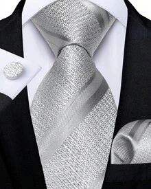 Silver Necktie Mens Tie  Handkerchief Cufflinks Set Wedding Formal