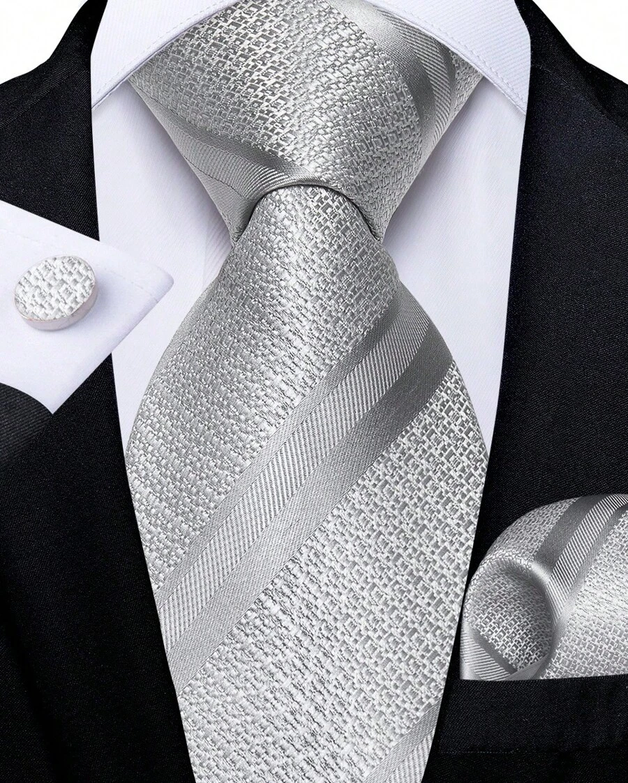 Silver Necktie Mens Tie  Handkerchief Cufflinks Set Wedding Formal