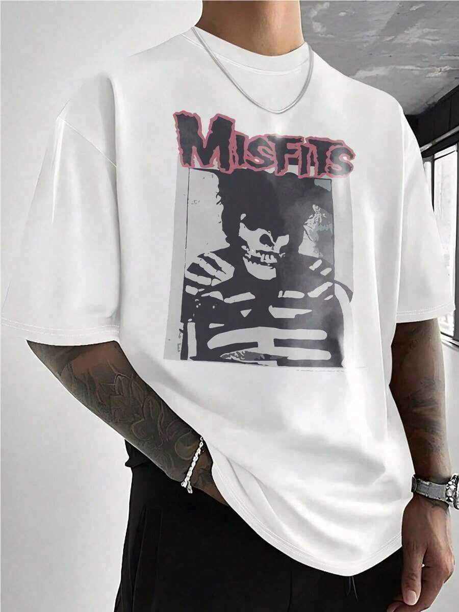 Stylish Men's TShirt Featuring Misfits Skull Graphic Print Tee Perfect For Concerts And Gigs Ideal For Rock Music Fans A Great Gift Choicegraphic Tees Men Shirts Streetwear White Shirt Black Shirt - 白色 - 查看 1