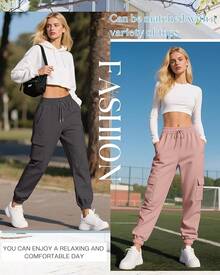 3 Pack Women's Cargo Sweatpants Joggers Pants Causal Gym Athletic Workout High Waist Bottom Y2k Fall Outfits With Pocket - 黑色,深灰色,粉紅色 - 查看 3
