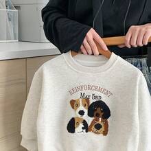 2-5Y Young Boy Korean Style Dog Embroidery Crew Neck Cartoon Pullover Sweatshirt, Casual Autumn Tops